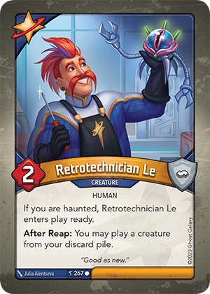 Retrotechnician Le, a KeyForge card illustrated by Julia Alentseva