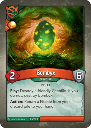 Bombyx, a KeyForge card illustrated by Liiga Smilshkalne
