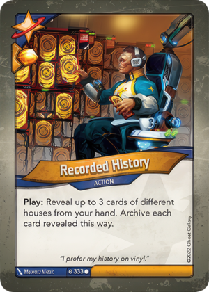 Recorded History, a KeyForge card illustrated by Matthew Mizak