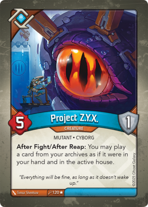 Project Z.Y.X., a KeyForge card illustrated by Timur Shevtsov