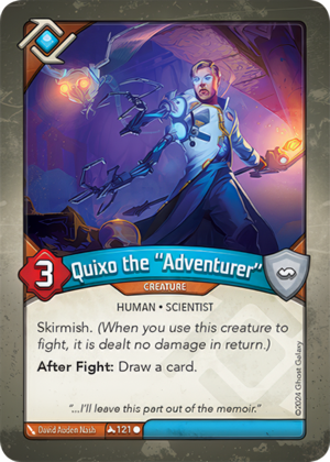 Quixo the “Adventurer”, a KeyForge card illustrated by David Auden Nash