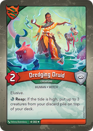 Dredging Druid, a KeyForge card illustrated by Helena Butenkova