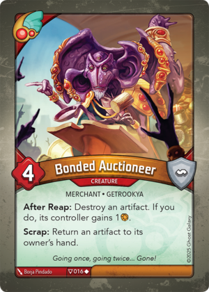 Bonded Auctioneer, a KeyForge card illustrated by Borja Pindado