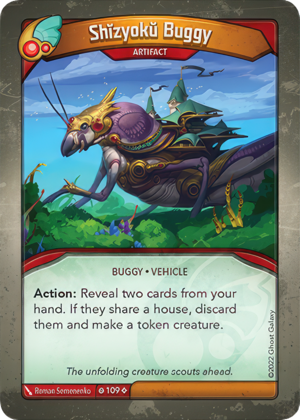 Shĭzyokŭ Buggy, a KeyForge card illustrated by Roman Semenenko