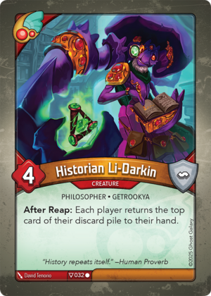 Historian Li-Darkin, a KeyForge card illustrated by David Tenorio