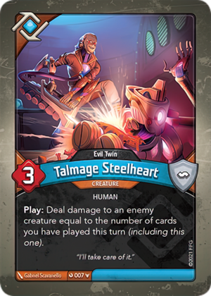Talmage Steelheart (Evil Twin), a KeyForge card illustrated by Gabriel Scavariello